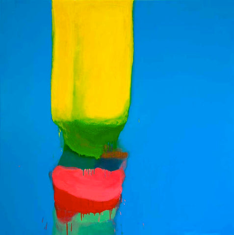 Untitled No 4. Canery Yellow, Lime Greens and Pink on Zinc Blue.